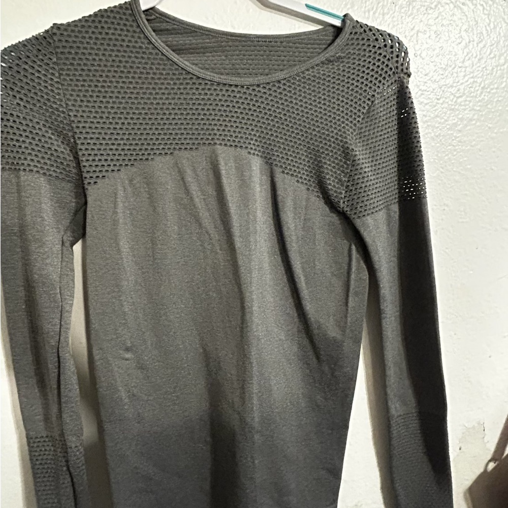 Gray Ribbed Fitted Long Sleeve Top